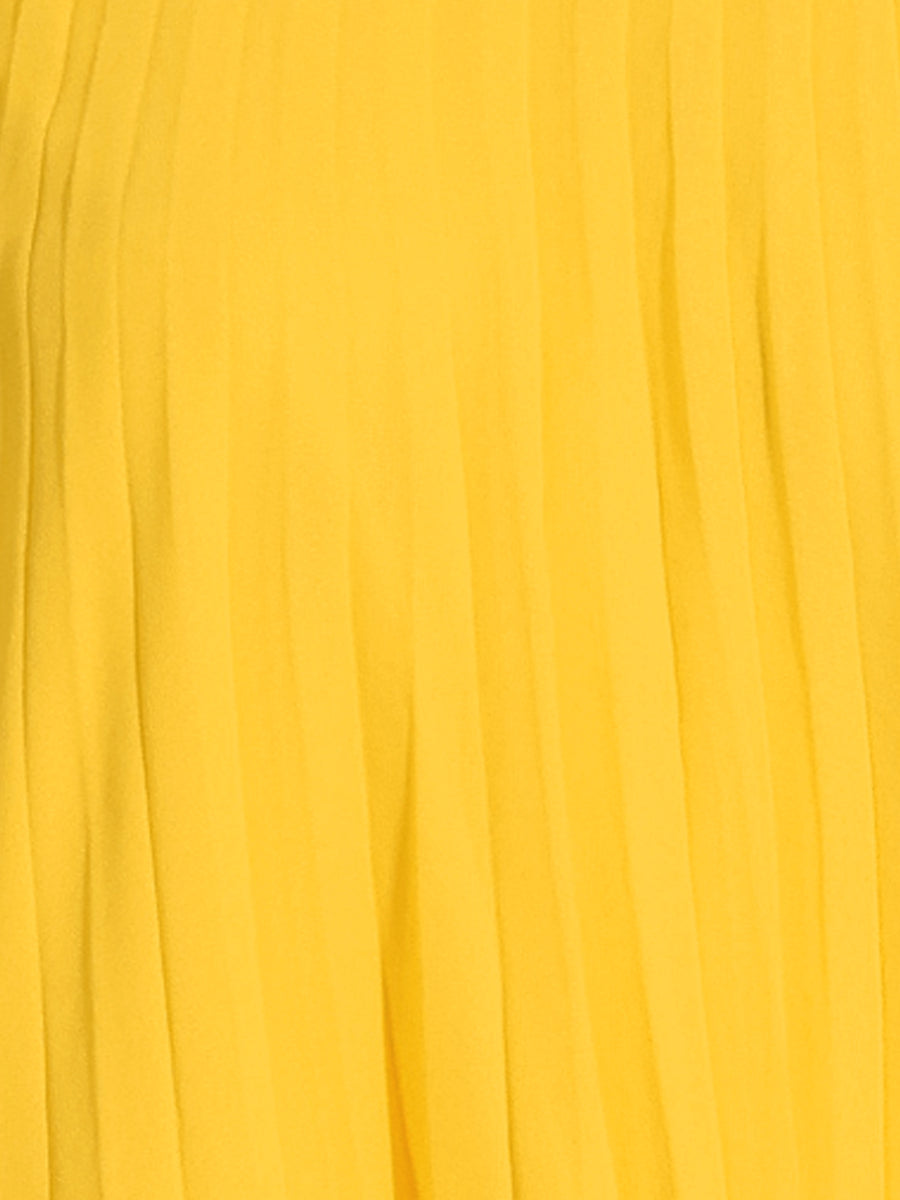 Elegant women's yellow mock neck swing dress, with graceful pleats & distinctive cape sleeves.