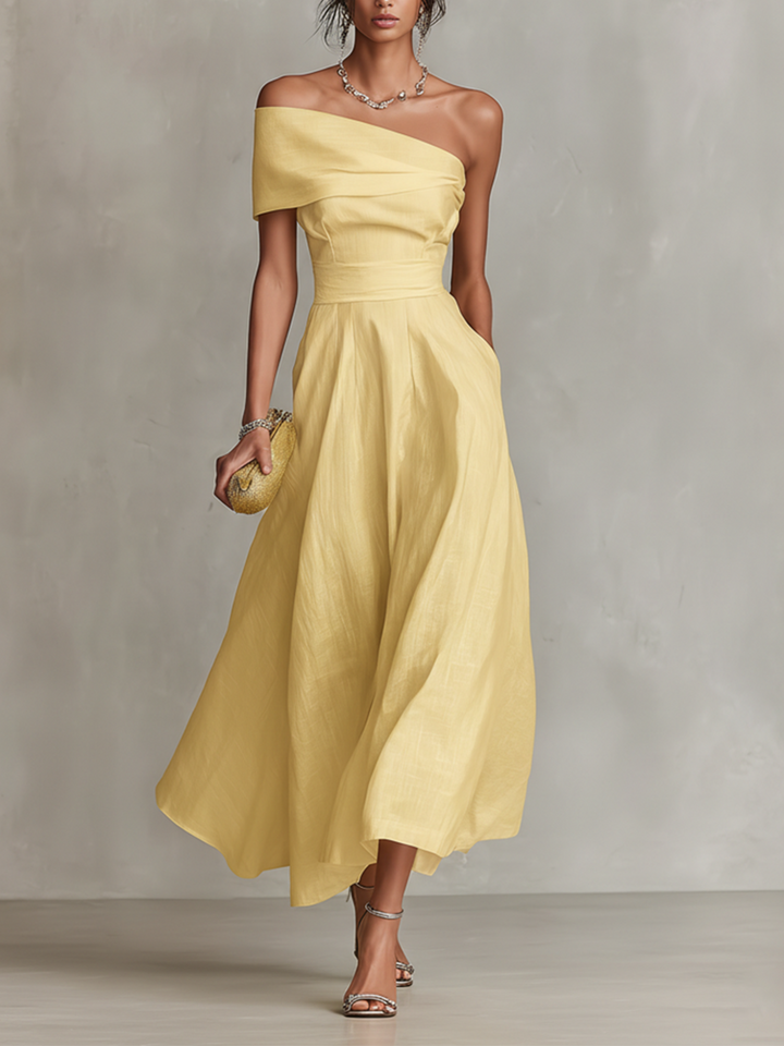 Elegant yellow ruched one-shoulder A-line midi dress for women, perfect for weddings or cocktail parties.