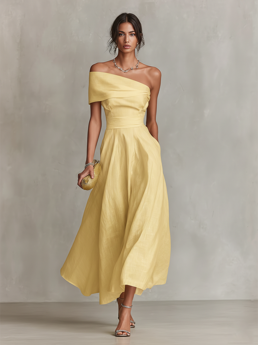 Women's stylish ruched one-shoulder A-line midi dress, an elegant choice for evening events & special occasions.