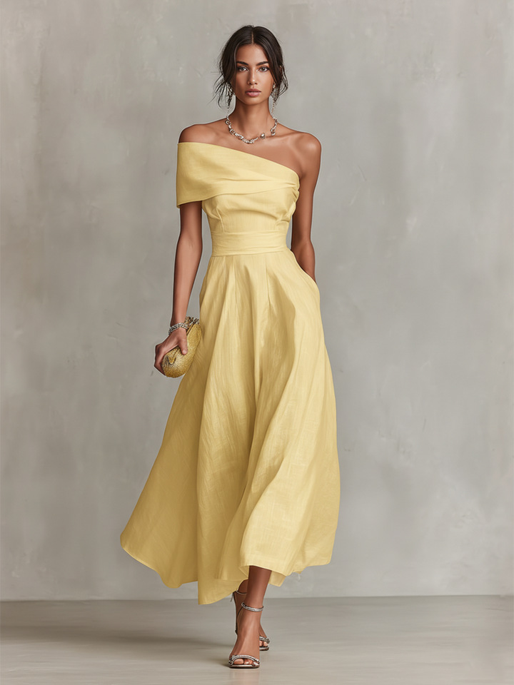Women's stylish ruched one-shoulder A-line midi dress, an elegant choice for evening events & special occasions.