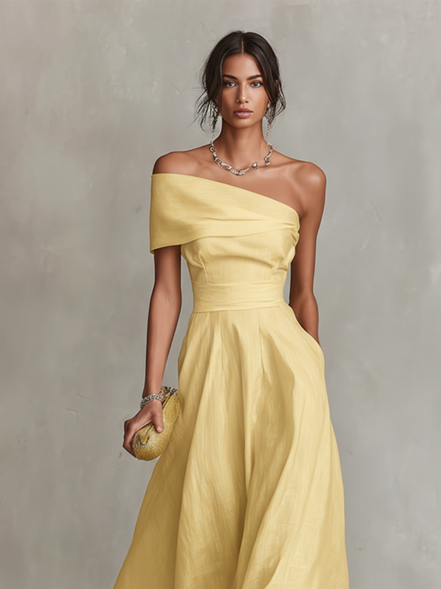 Chic women's A-line midi dress with one-shoulder ruched design, ideal as a wedding guest or party dress.