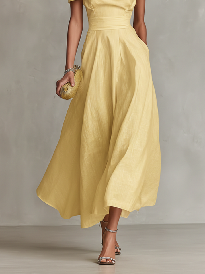 Sophisticated yellow one-shoulder A-line midi dress, a stunning ruched design for summer events & evening wear.