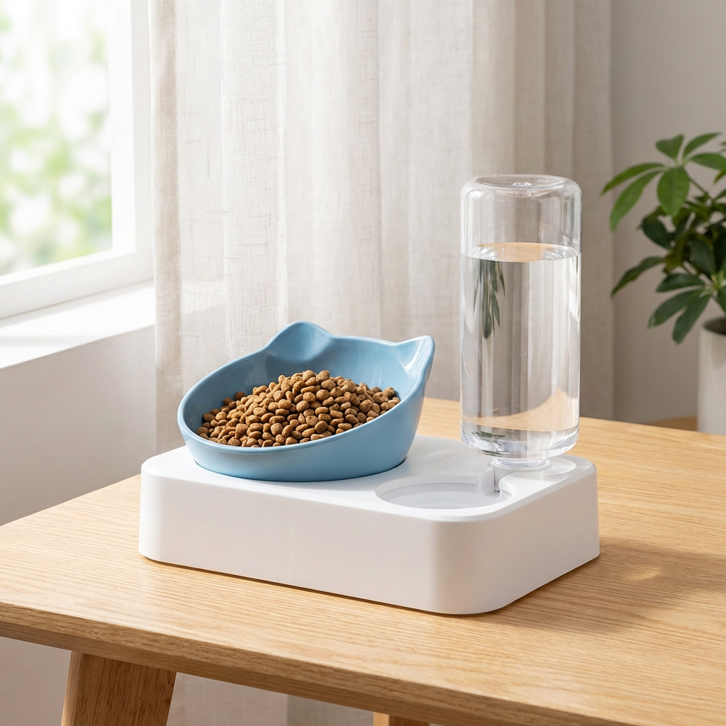 Elevated anti-vomiting cat bowl with automatic water dispenser. Ergonomic design for healthy digestion & neck protection.