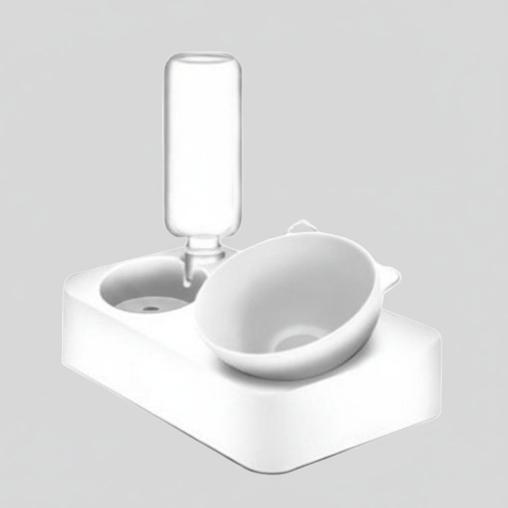 Pet feeder & water dispenser system. Elevated PVC cat bowl promotes healthy digestion & prevents vomiting, ensures hydration.