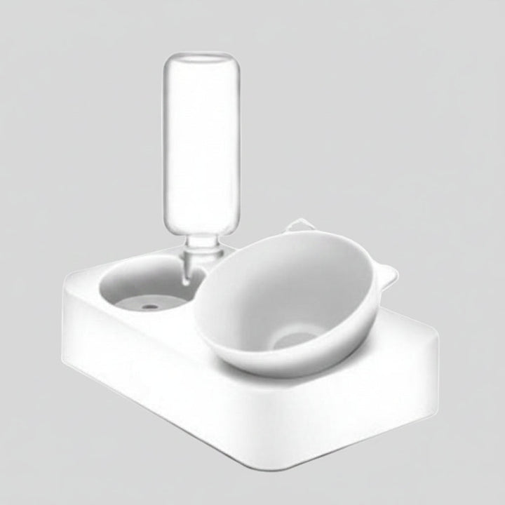 Pet feeder & water dispenser system. Elevated PVC cat bowl promotes healthy digestion & prevents vomiting, ensures hydration.