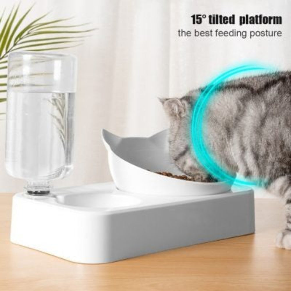 Elevated cat bowl with auto water dispenser, anti-vomiting design for healthy pet eating