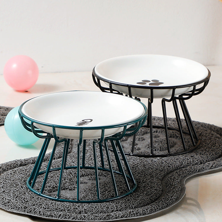 Ergonomic elevated pet feeder with two ceramic bowls and non-slip stand for cats