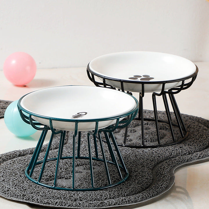 Ergonomic elevated pet feeder with two ceramic bowls and non-slip stand for cats