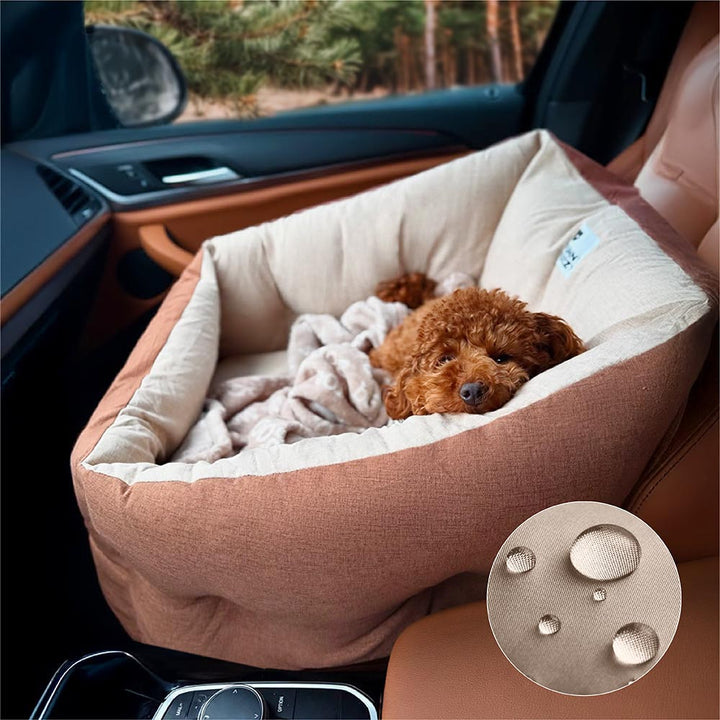 Elevated dog car seat bed with thick cushioning, ensuring pet comfort and safety during travel.