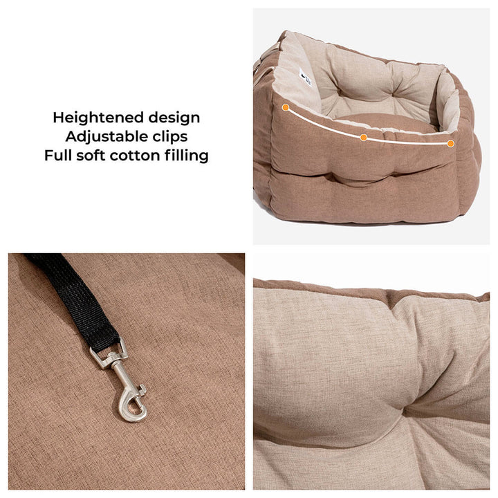 Water-resistant dog auto pet bed, elevated for a clear view, keeping your dog safe and comfortable.