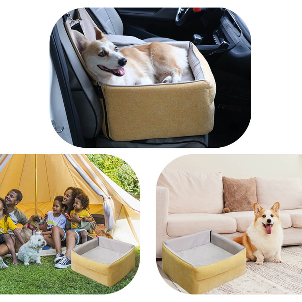 Single pet booster seat for car, elevated for better views, grey, with a soft interior
