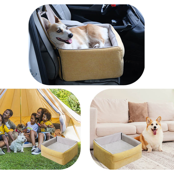 Single pet booster seat for car, elevated for better views, grey, with a soft interior