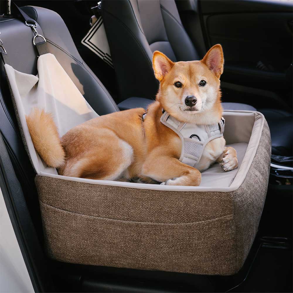Luxury pet car booster seat with washable cover, providing an elevated view for small pets