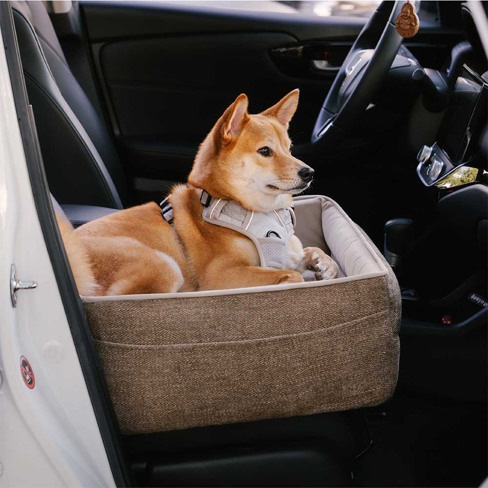 Safe dog car travel bed with secure buckles, grey, offering pets a comfortable ride