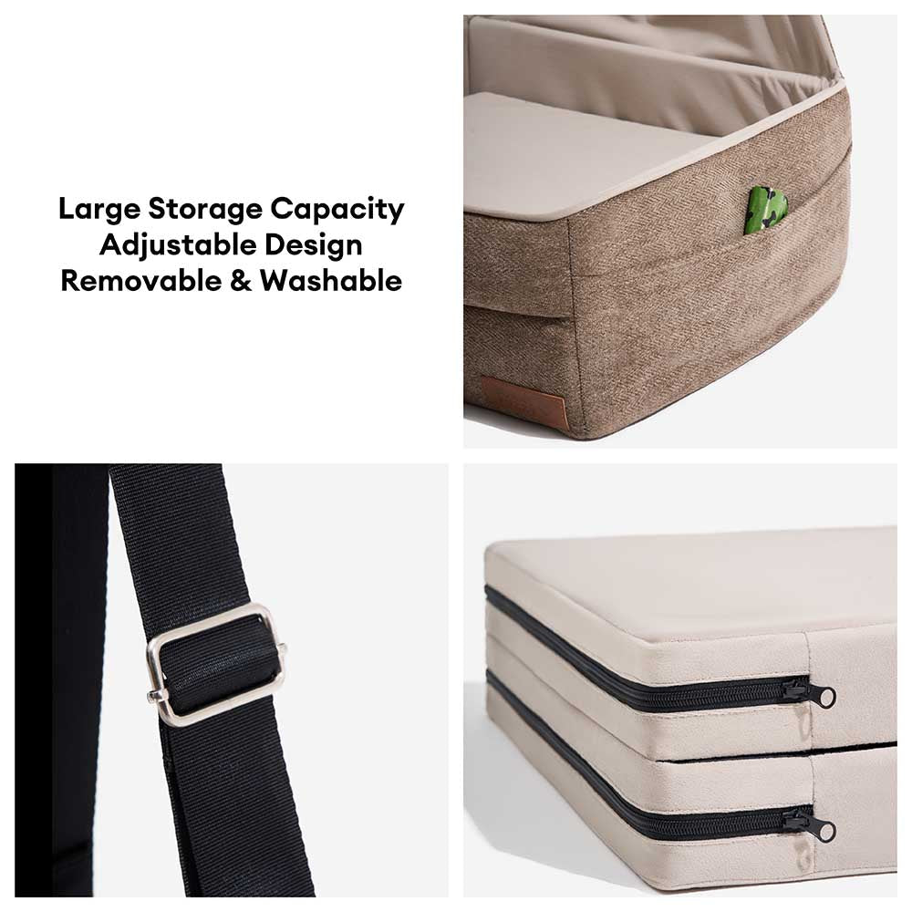 Grey dog car travel bed, elevated to reduce motion sickness, with sturdy construction