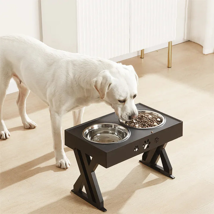 Adjustable height elevated dog feeder in black, featuring stainless steel bowls for a German Shepherd dog.