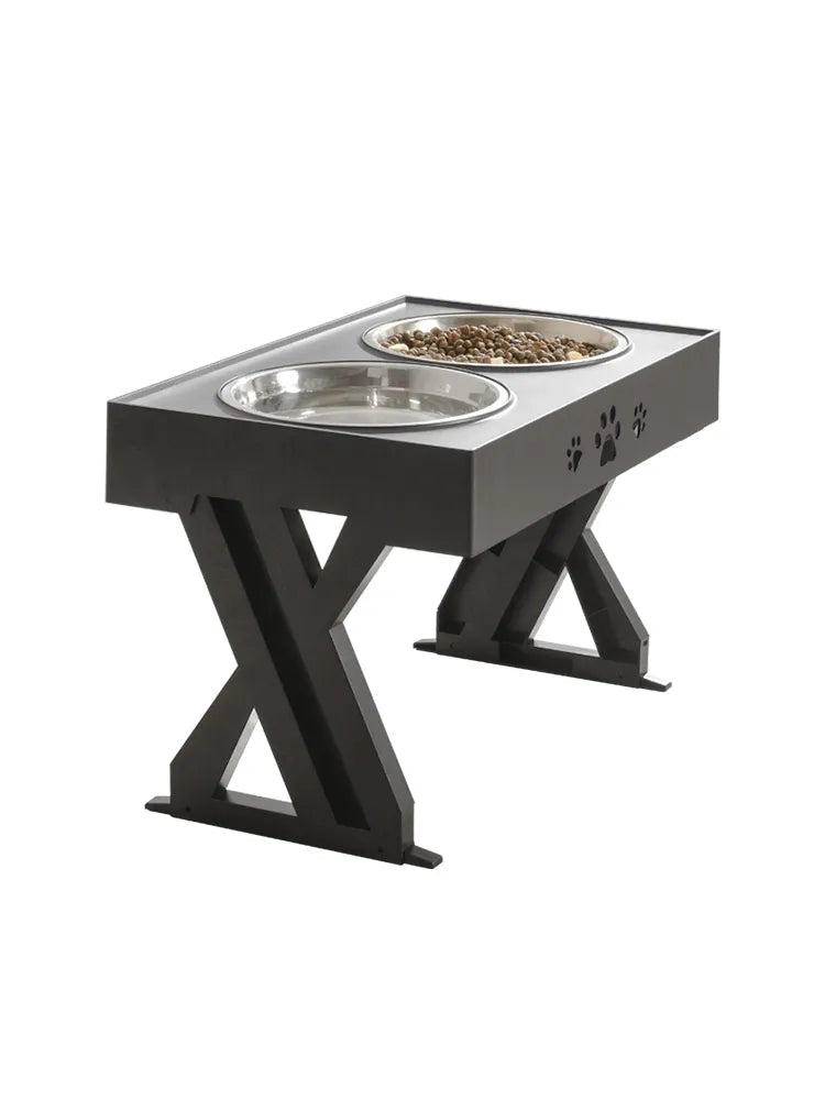 Ergonomic black elevated dog food and water bowl stand designed to promote better posture in pets.