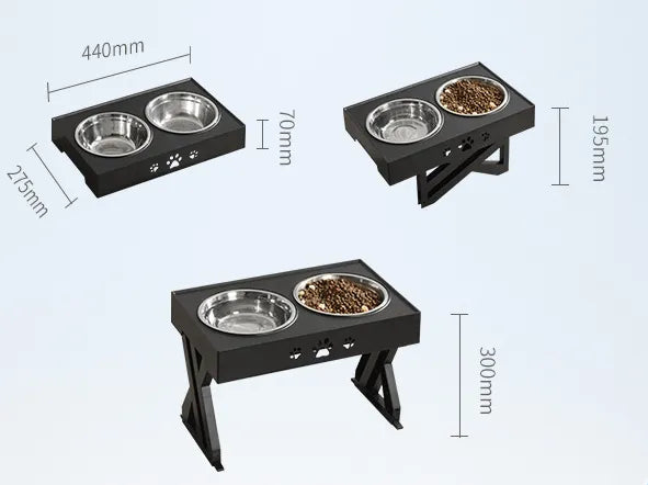 Pet health focused elevated feeding station with sturdy black stand and two removable stainless steel dog bowls.