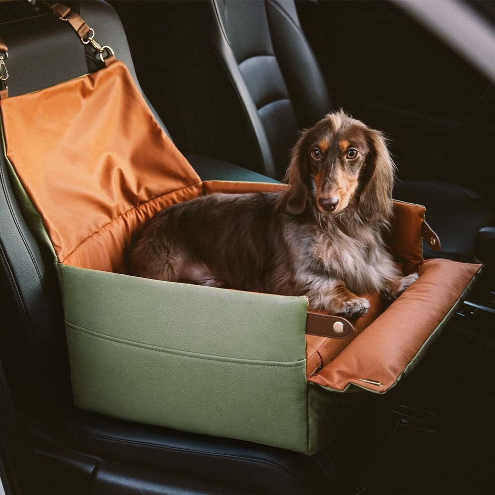 Elevated faux leather dog car seat booster bed, waterproof travel for small dogs, grey.