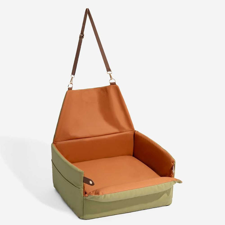 New4 elevated dog car booster bed, brown faux leather, providing safety and comfort.