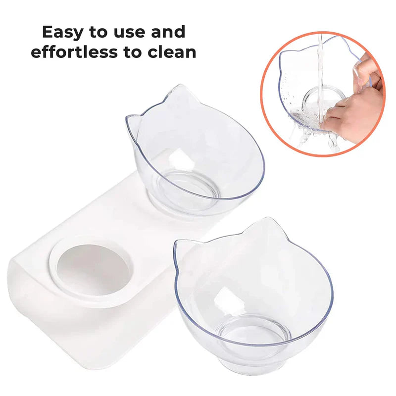 Cat eating comfortably from an elevated anti-vomiting bowl, illustrating its benefits
