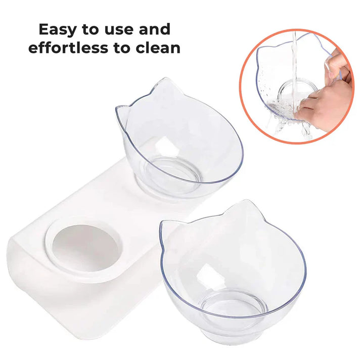 Cat eating comfortably from an elevated anti-vomiting bowl, illustrating its benefits