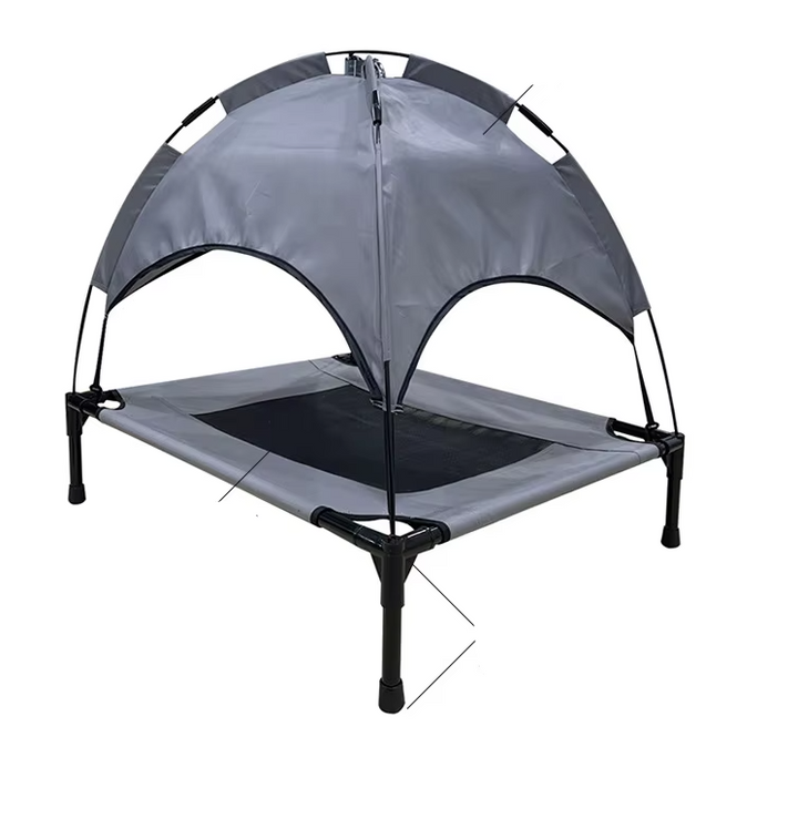 Blue sun canopy dog bed, an elevated pet lounger providing shade and cooling for outdoor use.