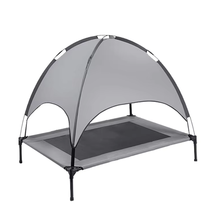 Breathable elevated dog bed with sun canopy, designed for outdoor use and travel, offering pet comfort.
