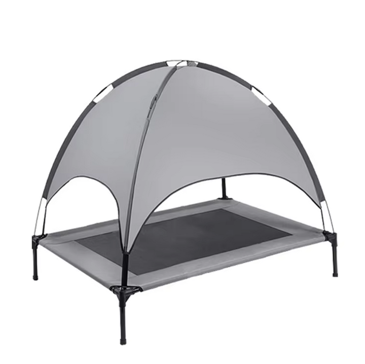 Breathable elevated dog bed with sun canopy, designed for outdoor use and travel, offering pet comfort.