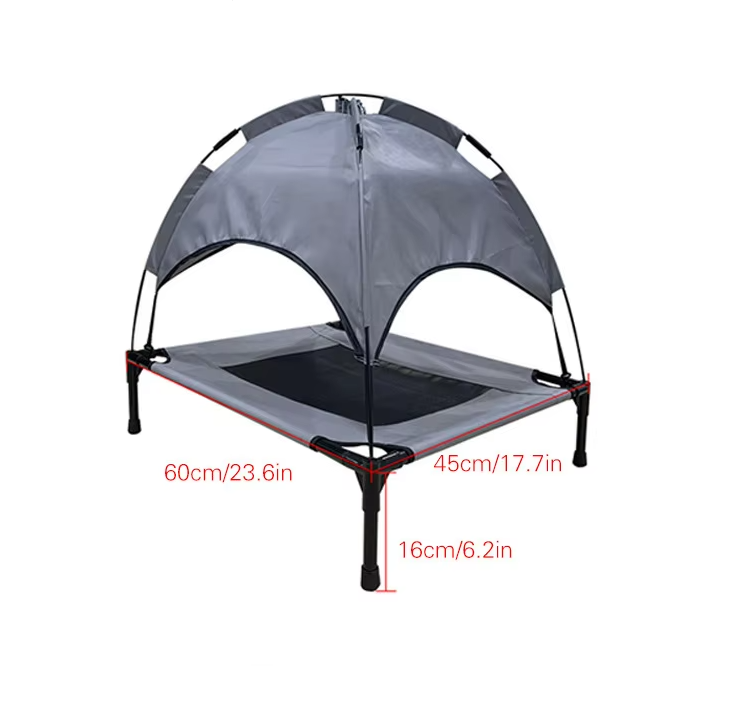 Grey mesh elevated dog bed with an attached blue sun canopy, a cooling and comfortable outdoor lounger.