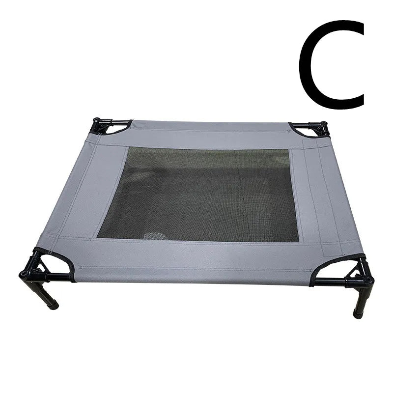 Outdoor dog bed featuring a durable elevated design and blue sun canopy for ultimate pet comfort and shade.