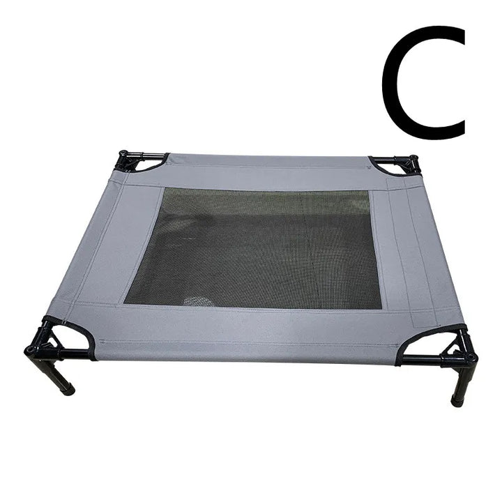 Outdoor dog bed featuring a durable elevated design and blue sun canopy for ultimate pet comfort and shade.