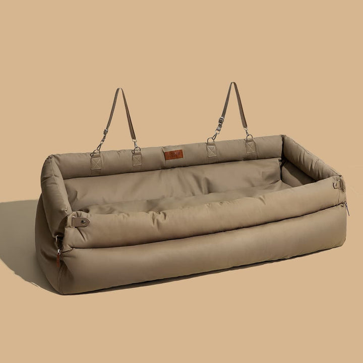 Elevated dog travel bed, faux leather, functions as a comfortable and safe car booster seat