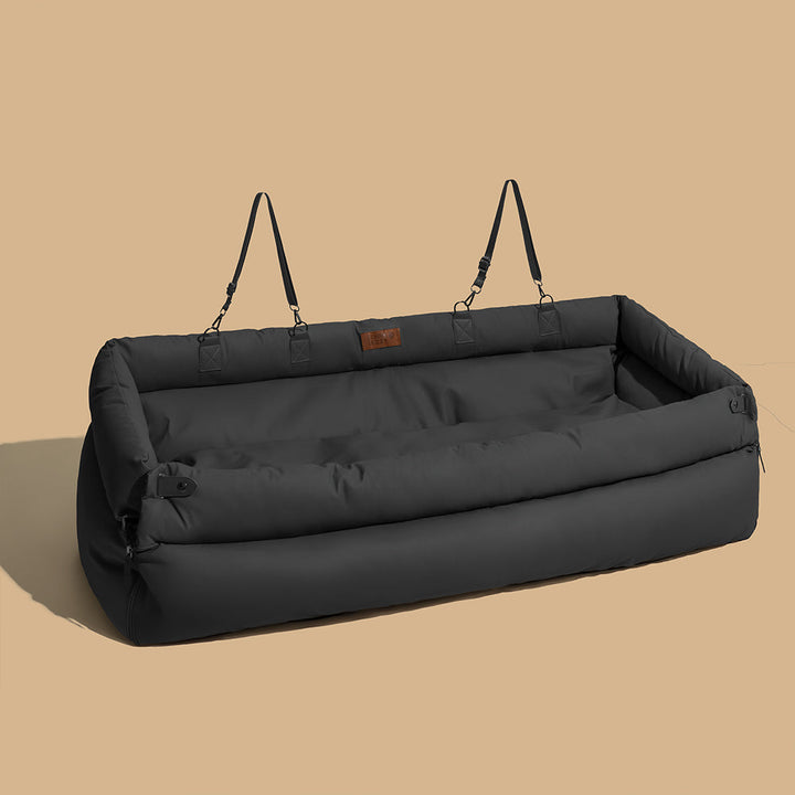 Elevated dog car accessory: booster seat and travel bed in faux leather for pet comfort & safety