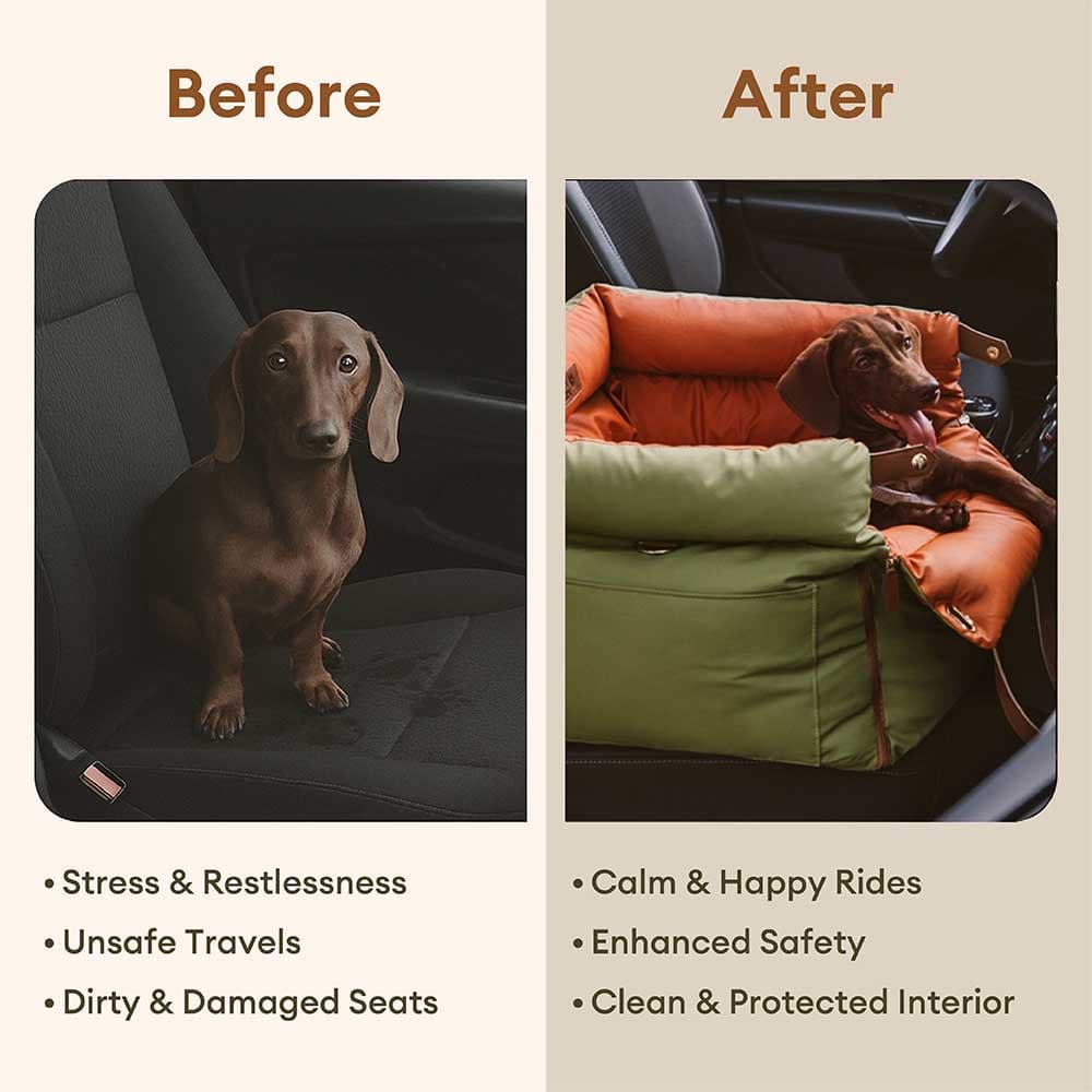 Washable dog travel bed in faux leather, functions as a car booster seat for pet safety