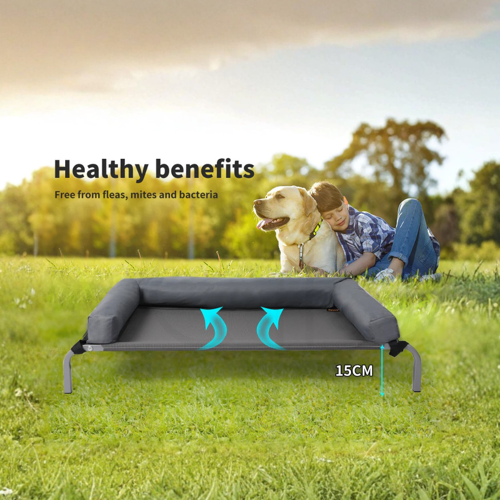 Indoor/outdoor elevated pet bed, a durable cooling mesh design providing comfortable pet furniture for hot days.
