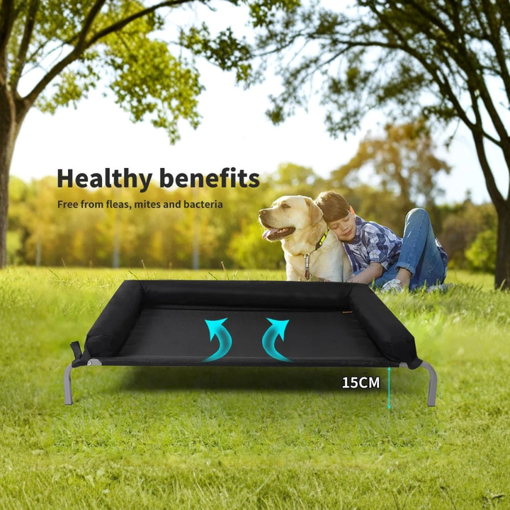 Outdoor pet hammock with cooling mat, elevated design for airflow