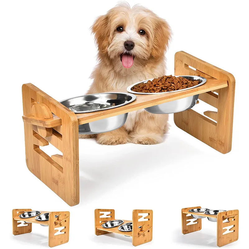 Eco-friendly bamboo elevated dog bowl with adjustable height, includes two removable stainless steel bowls
