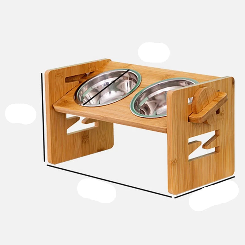 Adjustable elevated pet feeder for cats and dogs, crafted from bamboo with two metal food/water bowls