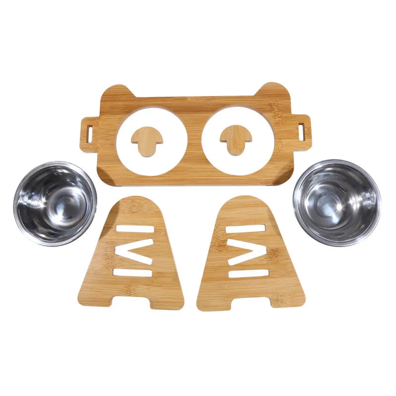 Pet dining solution: adjustable height elevated bamboo feeder with double stainless steel bowls for comfort