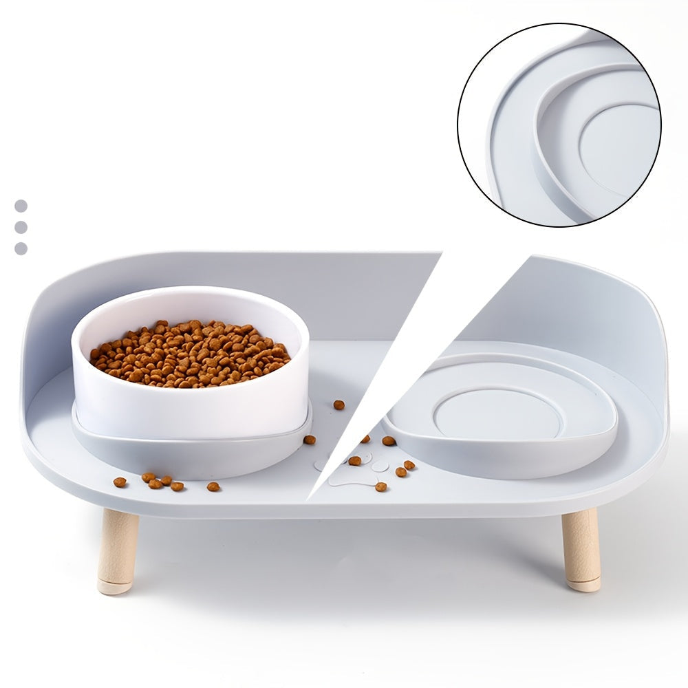 Close-up of non-slip elevated pet food and water bowls, perfect for small dog or medium cat, ergonomic