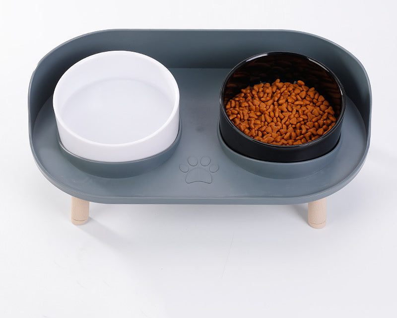 Side view of elevated pet food and water bowls, non-slip design for small to medium cats and dogs