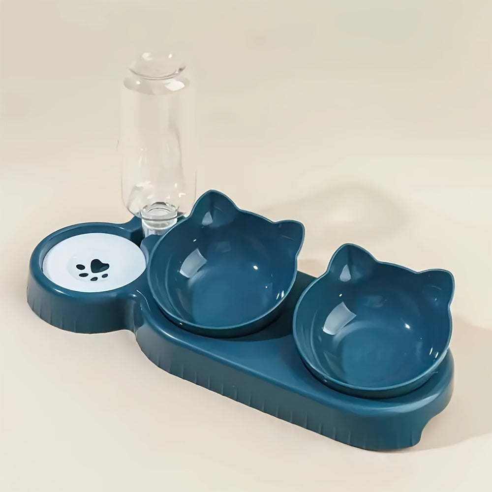 Elevated pet feeding bowl with automatic water dispenser for cats and dogs, non-slip design.