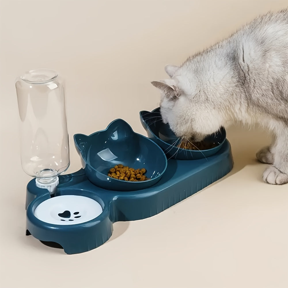 Automatic water dispenser integrated with elevated pet bowl, ideal for cats and dogs.