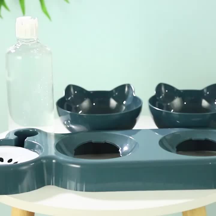 Non-slip elevated pet bowl set with auto waterer, reduces neck strain for pets.