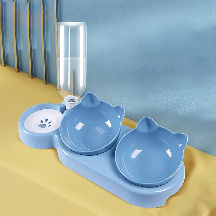 Modern elevated feeding bowls with detachable water bottle for cats and dogs, pet supplies.