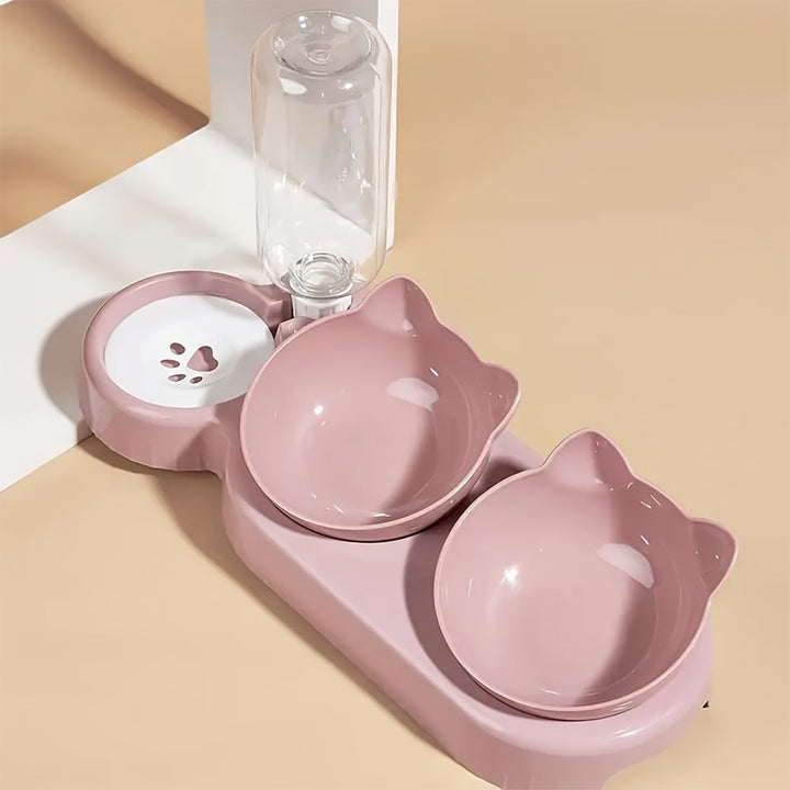 Adjustable elevated pet bowls with auto-fill water system, suitable for all pet sizes.