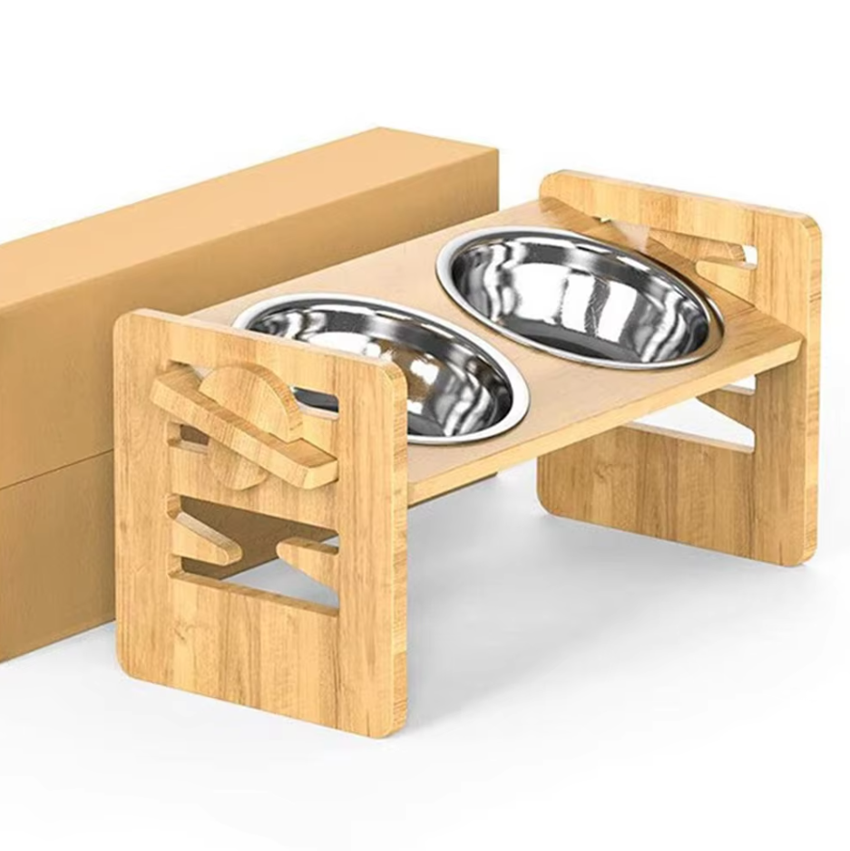 Modern elevated dog food and water bowls in stainless steel, ideal for improved pet digestion.