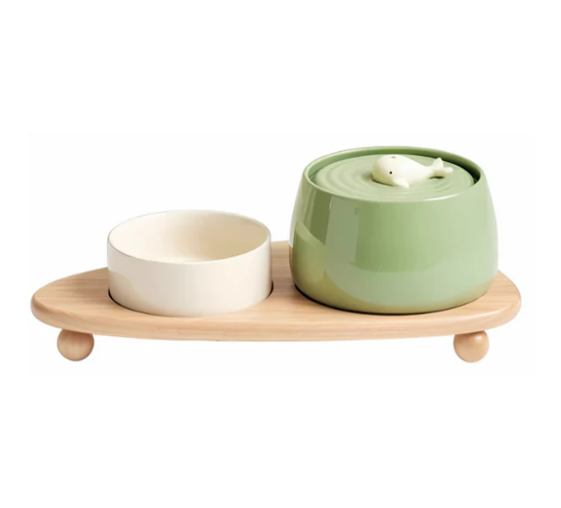 Pet feeder with wooden frame and two deep ceramic bowls, suitable for cat or dog food and water.