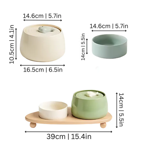Elegant wooden pet feeder with ceramic bowls, designed to elevate food and water for comfortable pet access.